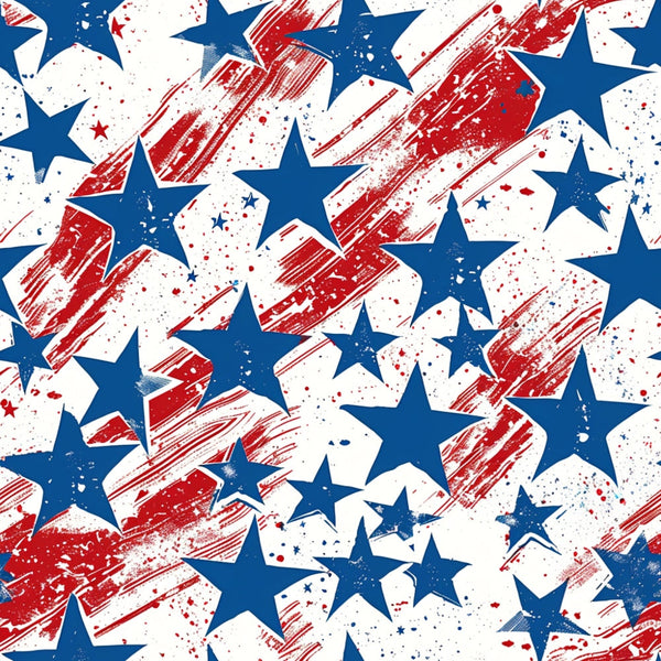 Patriotic Pattern 23 blue stars over red brushstrokes and splatters on a white minky fabric ground