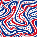 Abstract pattern with red, white, and blue wavy lines and stars.