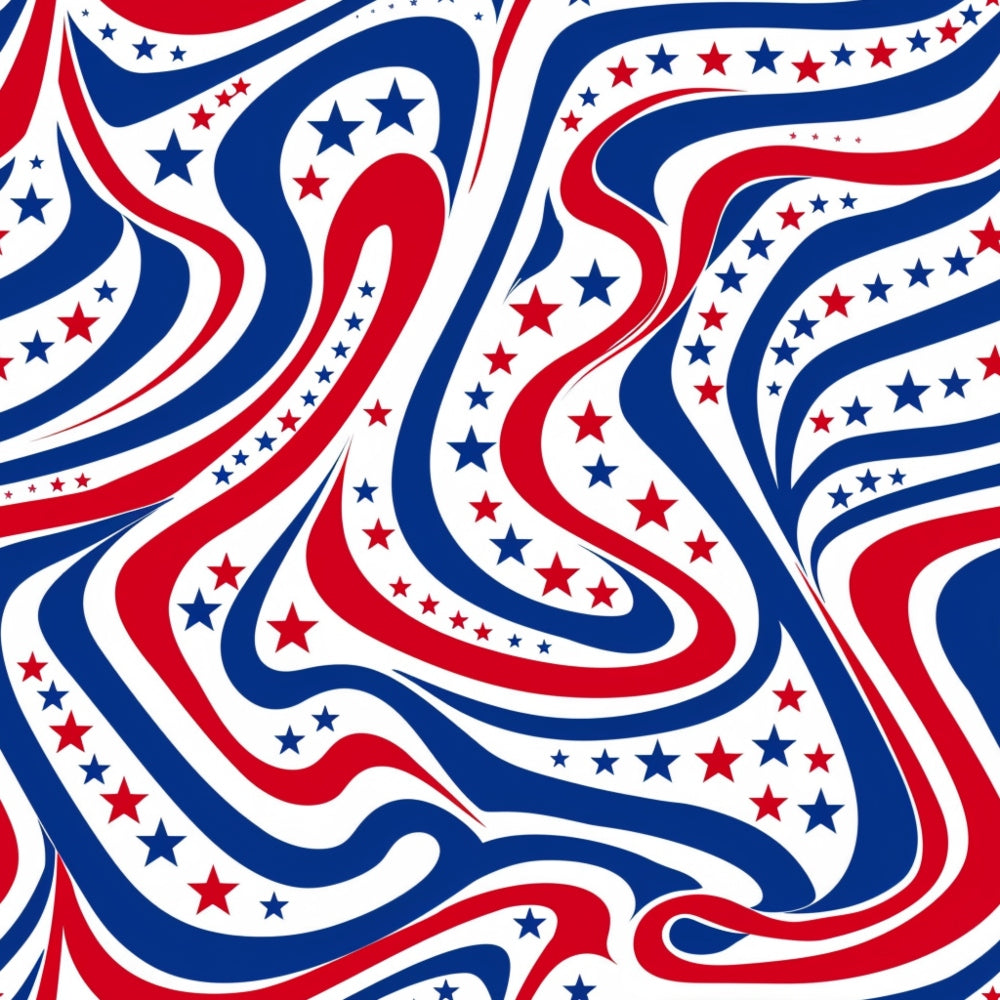 Abstract pattern with red, white, and blue wavy lines and stars.