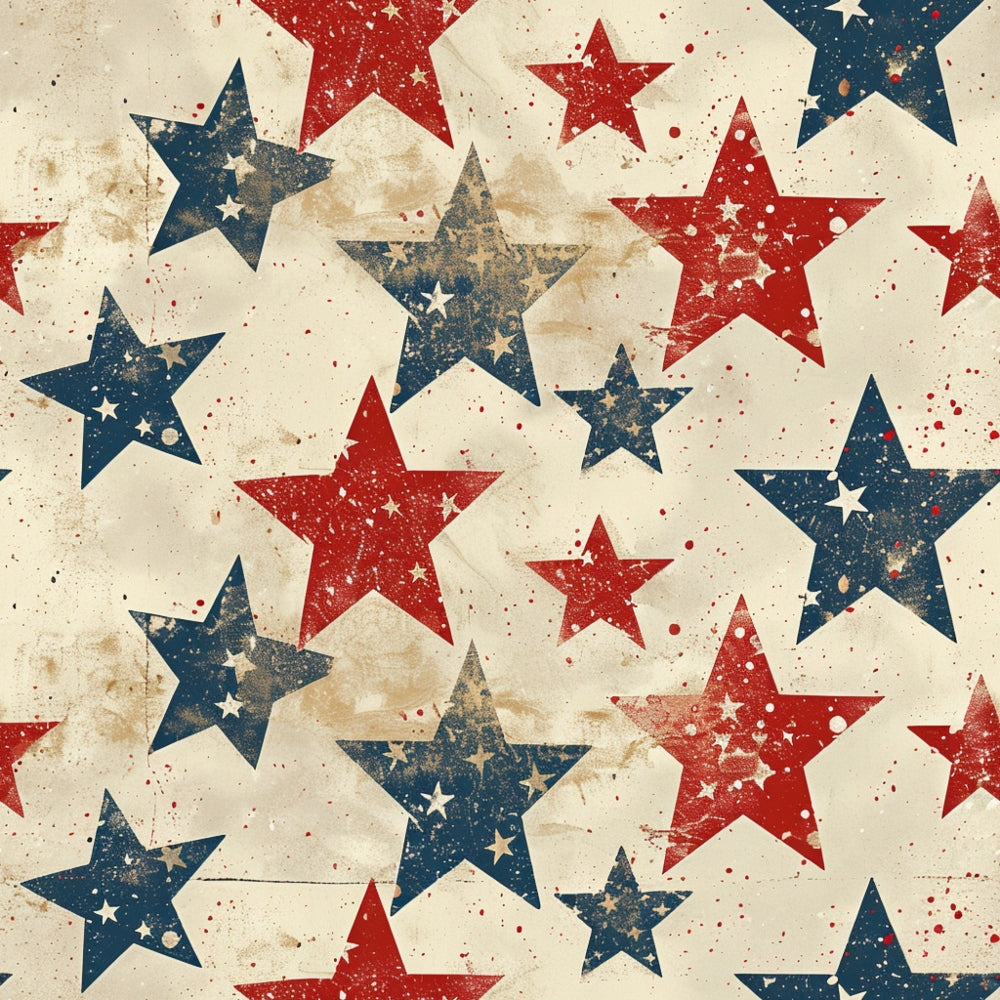 Red, blue, and beige stars with a distressed texture on a beige background.