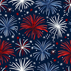 Pattern of red, white, and blue fireworks on a dark blue background, featuring various sizes and styles with scattered stars and dots.