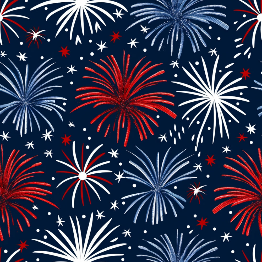 Pattern of red, white, and blue fireworks on a dark blue background, featuring various sizes and styles with scattered stars and dots.