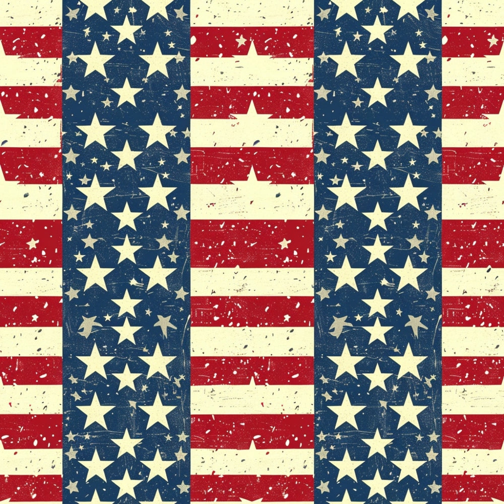 A vintage pattern featuring vertical stripes of red and beige with blue rectangles containing white stars, resembling the American flag.