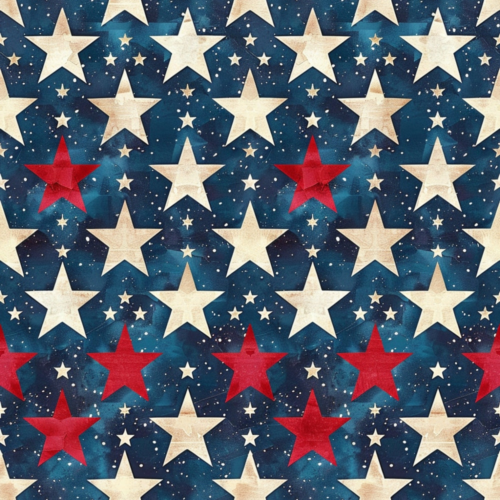 Pattern of alternating red and white stars on a dark blue background, resembling a night sky with scattered small dots.