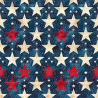 Pattern of alternating red and white stars on a dark blue background, resembling a night sky with scattered small dots.