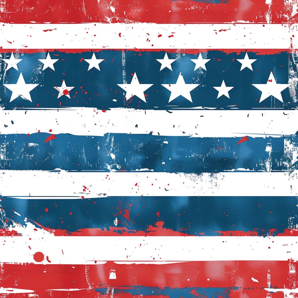 Abstract rendition of the American flag with distressed patterns, featuring red and white stripes and white stars on a blue background.