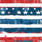 Abstract rendition of the American flag with distressed patterns, featuring red and white stripes and white stars on a blue background.