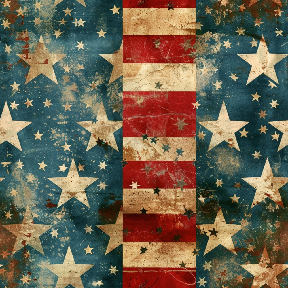 Distressed pattern featuring stars and stripes resembling the American flag, with a vintage, worn-out appearance.