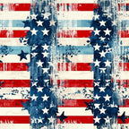 Abstract design with red and white stripes and blue sections filled with white stars, resembling an artistic rendition of the American flag.