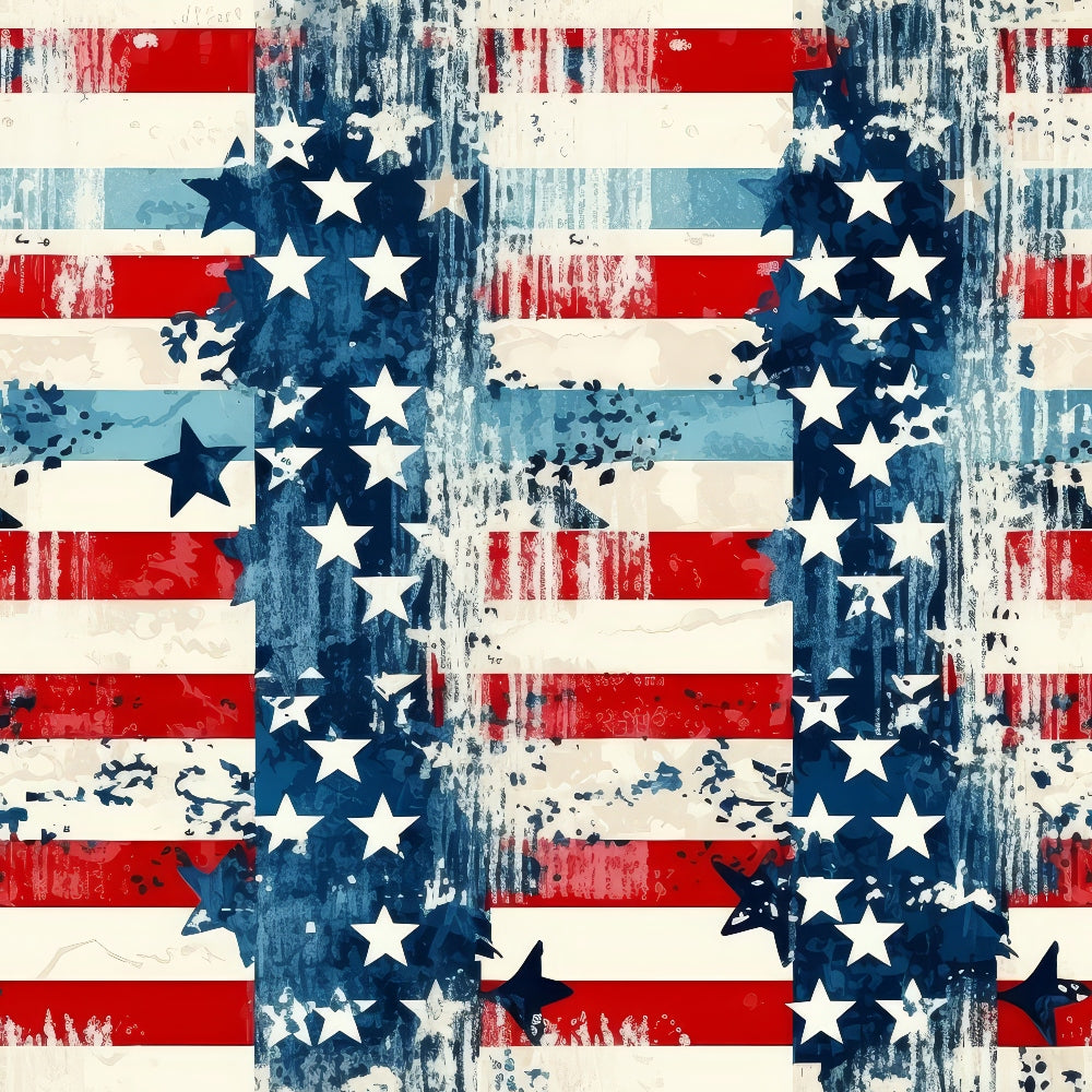 Abstract design with red and white stripes and blue sections filled with white stars, resembling an artistic rendition of the American flag.