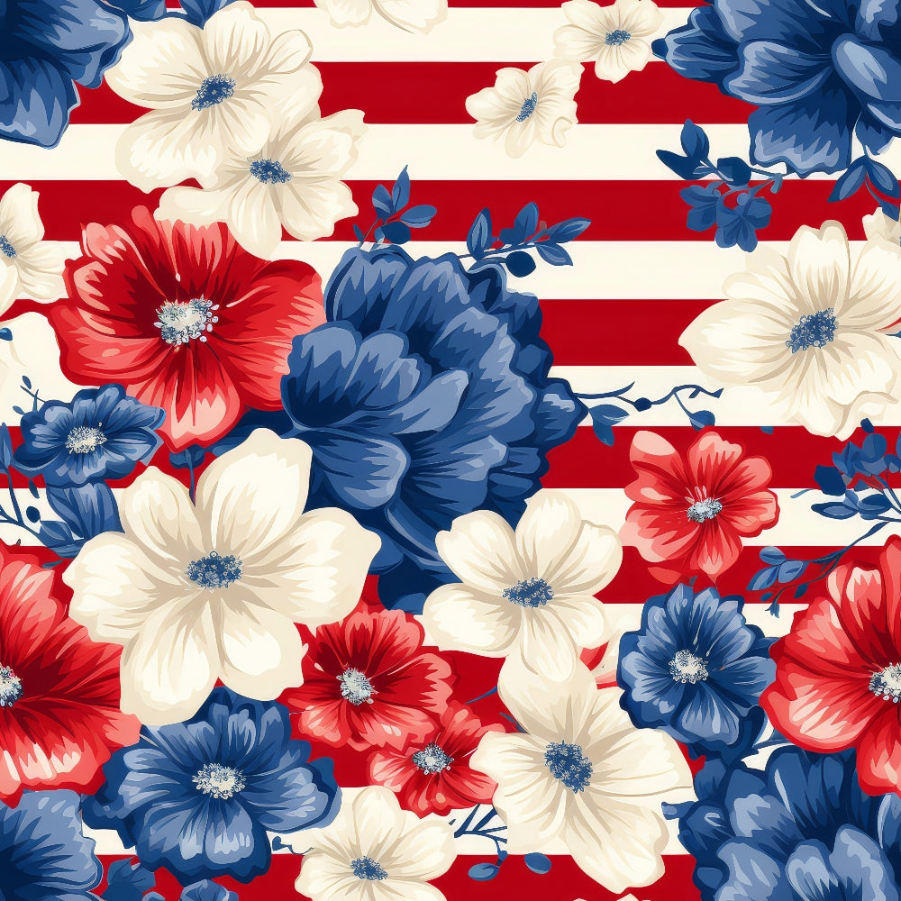 Patterned image of red, white, and blue flowers over red and white horizontal stripes, creating a vibrant and contrasting design.