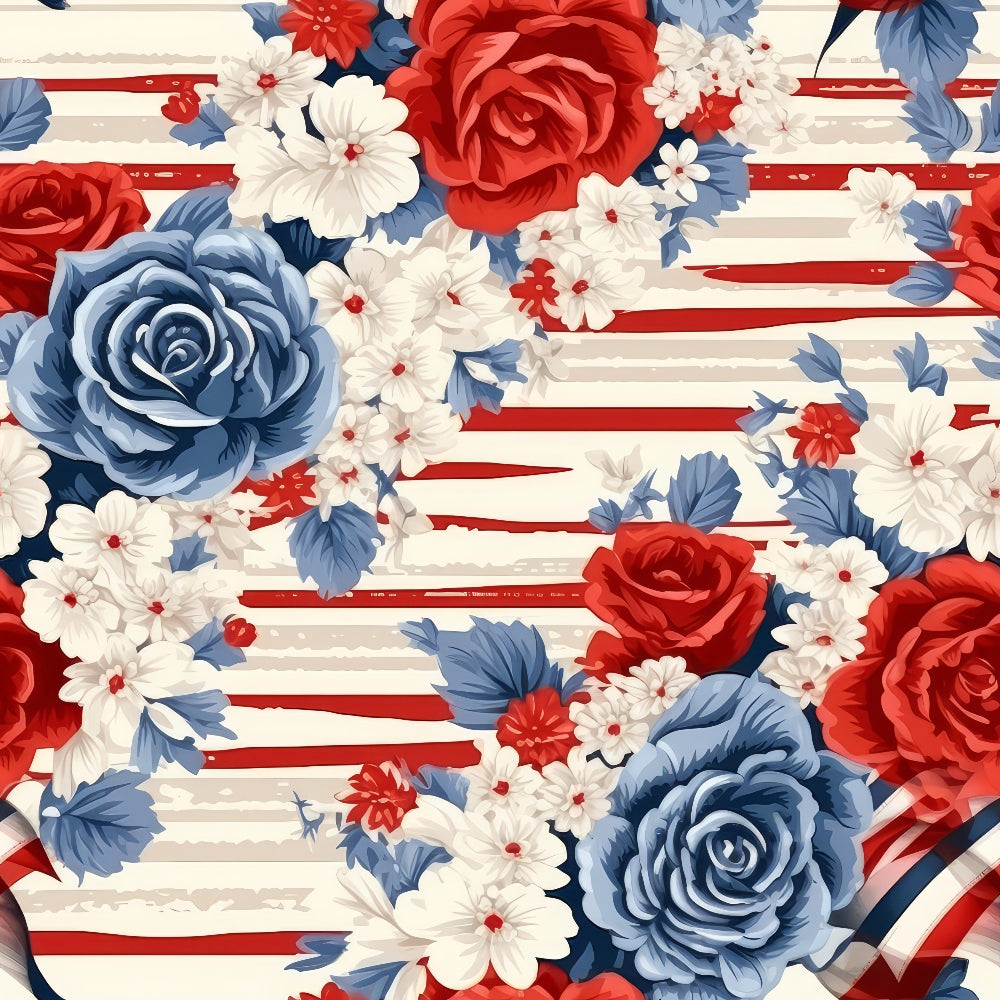 Floral pattern with red, blue, and white roses and smaller flowers on a striped background.