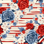 Floral pattern with red, blue, and white roses and smaller flowers on a striped background.