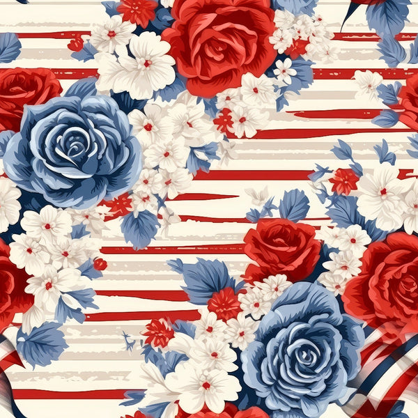 Floral pattern with red, blue, and white roses and smaller flowers on a striped background.