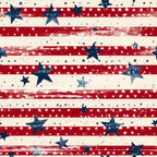 Red and white striped background with large navy blue stars and small scattered white stars, creating a pattern.