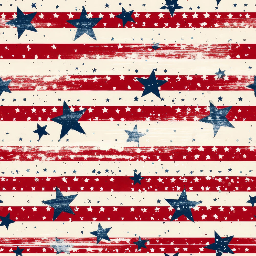 Red and white striped background with large navy blue stars and small scattered white stars, creating a pattern.