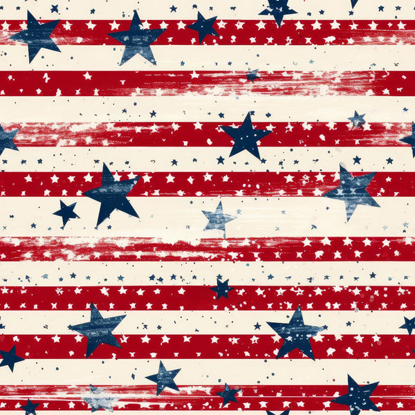 Red and white striped background with large navy blue stars and small scattered white stars, creating a pattern.