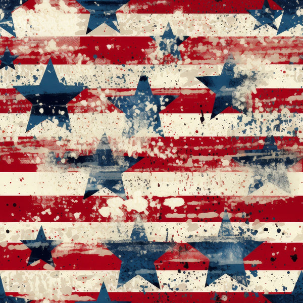 A grunge American flag pattern featuring red and white stripes with blue stars. The design has a splattered and distressed effect.