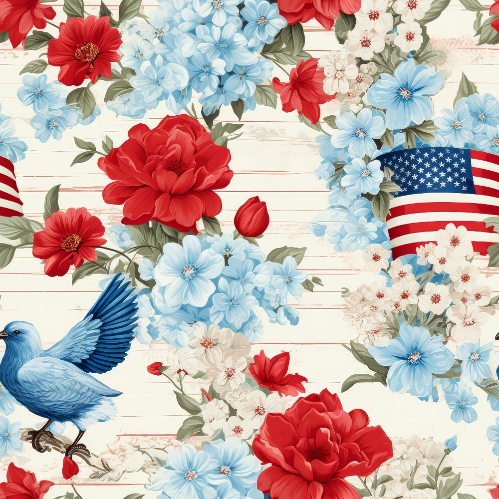 Floral design with red, white, and blue flowers, a bluebird, and parts of American flags on a wooden background.