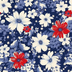 Floral pattern featuring white, red, and blue flowers on a dark blue background, with a mix of large and small blossoms.
