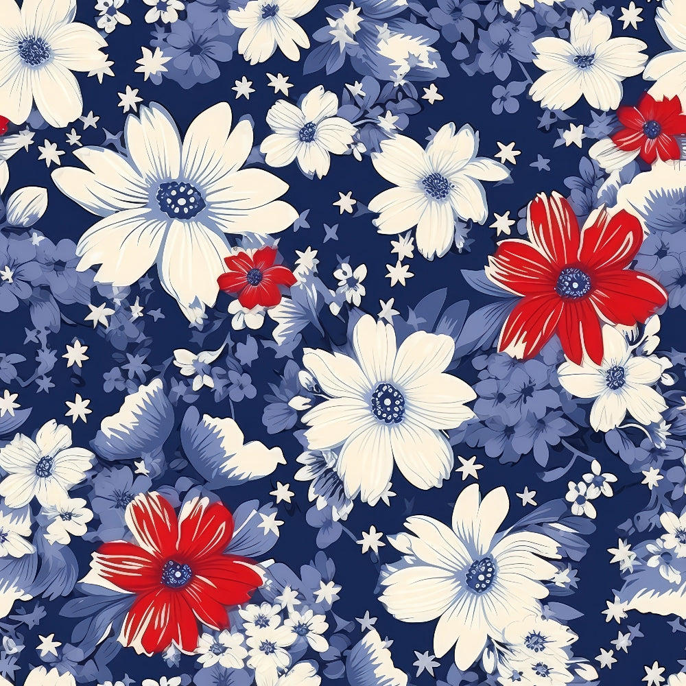 Floral pattern featuring white, red, and blue flowers on a dark blue background, with a mix of large and small blossoms.