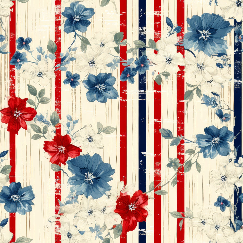 Floral pattern with red, blue, and white flowers on a background featuring vertical red, white, and blue stripes.
