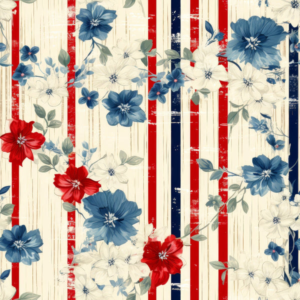 Floral pattern with red, blue, and white flowers on a background featuring vertical red, white, and blue stripes.