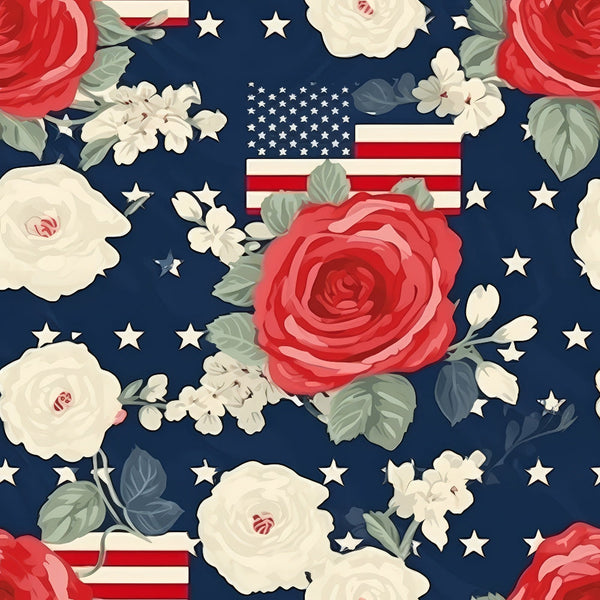 Pattern with red and white roses, American flags, and stars on a dark blue background.