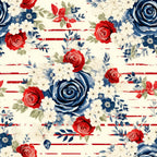 Pattern featuring blue roses, red and white flowers, and green leaves on a light background with red horizontal stripes.