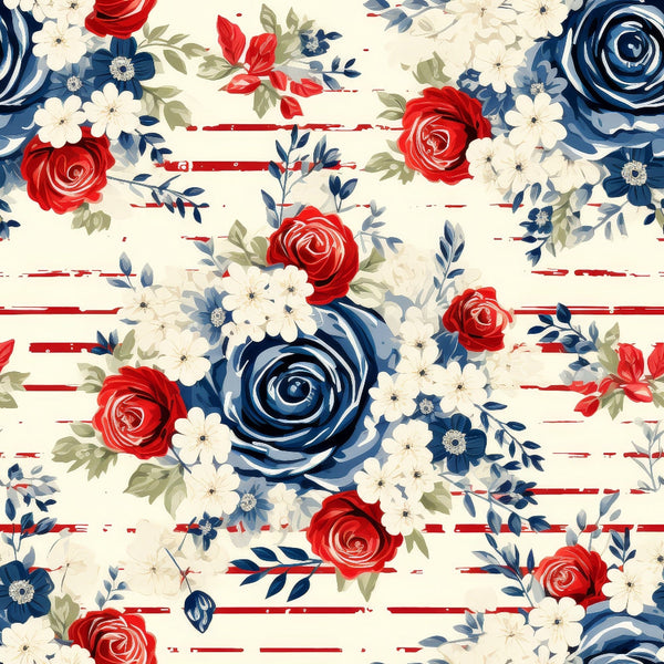 Pattern featuring blue roses, red and white flowers, and green leaves on a light background with red horizontal stripes.