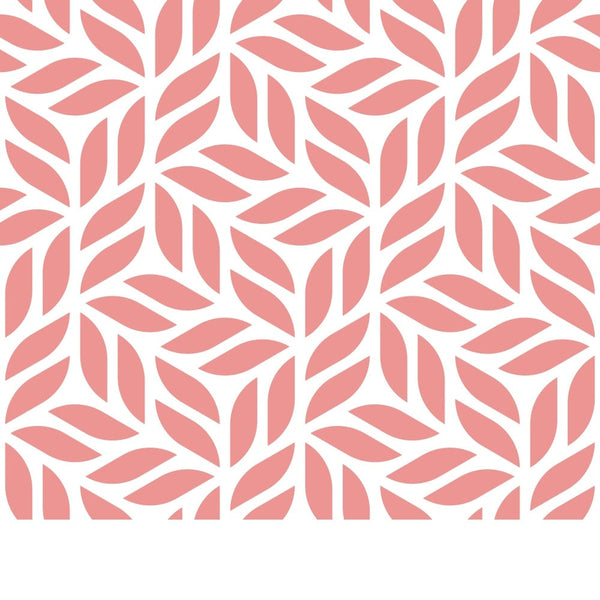 peach puff, coral pink, white background, leaf pattern, botanical design, floral motif, geometric leaves, repeating pattern,, fabric panel, nature inspired, organic shapes, soft pastels, modern botanical, stylized foliage, contemporary design, crafting fabric, sewing material, decorative leaves