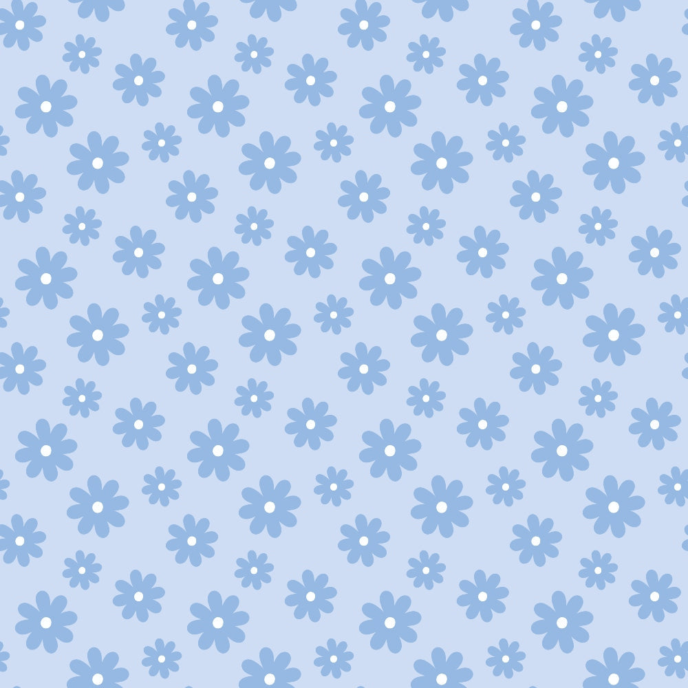 Light blue background with a pattern of darker blue, evenly spaced, stylized flowers.