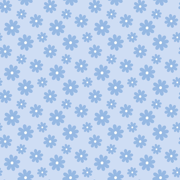 Light blue background with a pattern of darker blue, evenly spaced, stylized flowers.