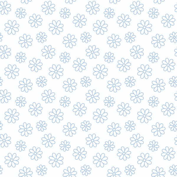 Light blue, simple floral pattern with evenly spaced, minimalist flower outlines on a white background.