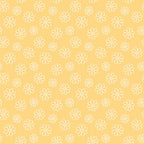 Pattern of white outlined flowers on a yellow background.