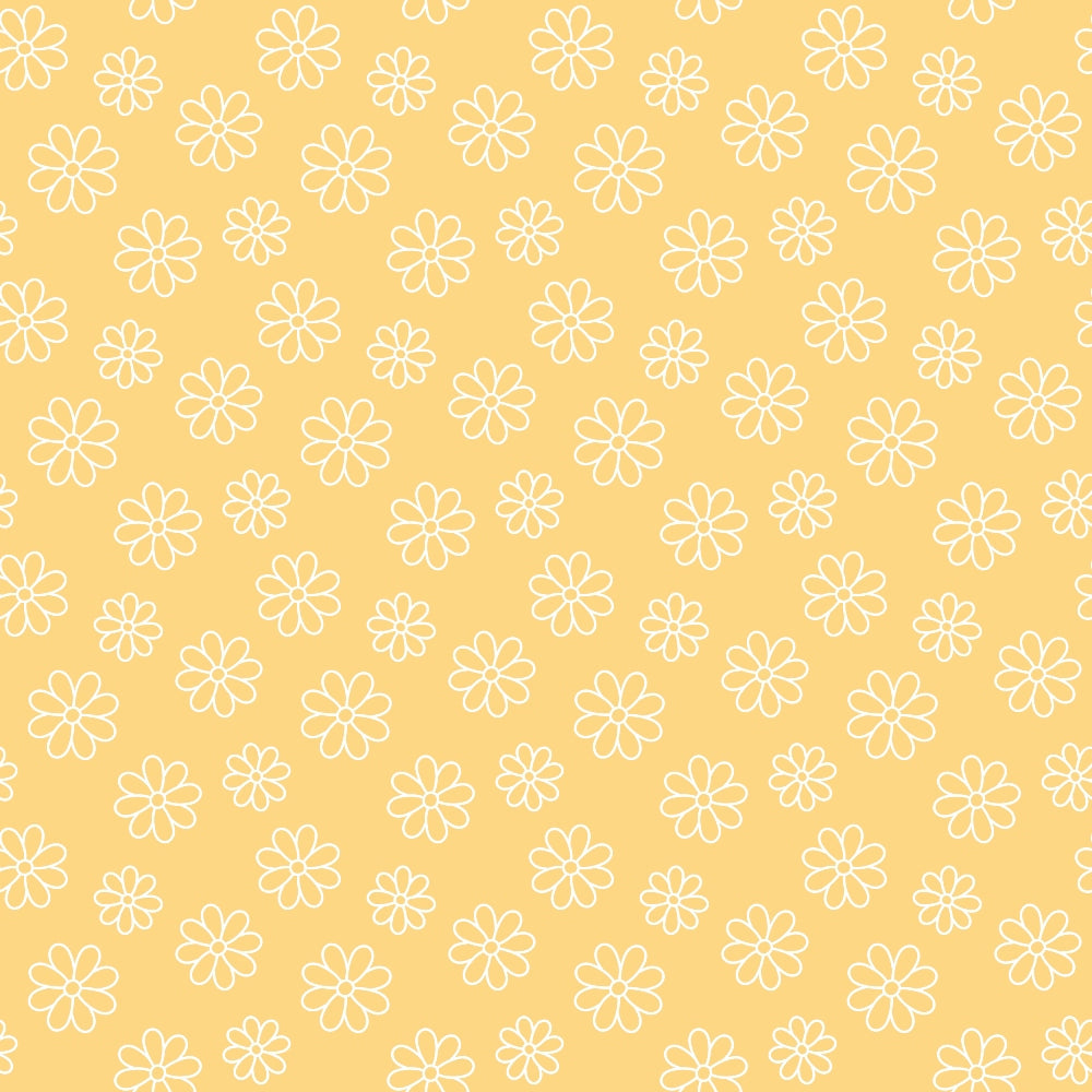 Pattern of white outlined flowers on a yellow background.