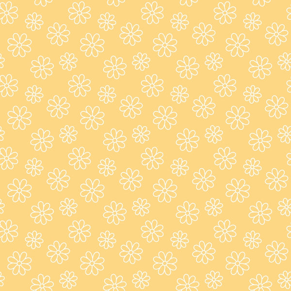 Pattern of white outlined flowers on a yellow background.
