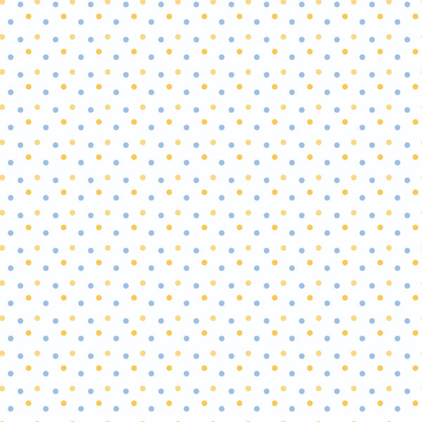 Pattern of evenly spaced blue and yellow dots on a light background.
