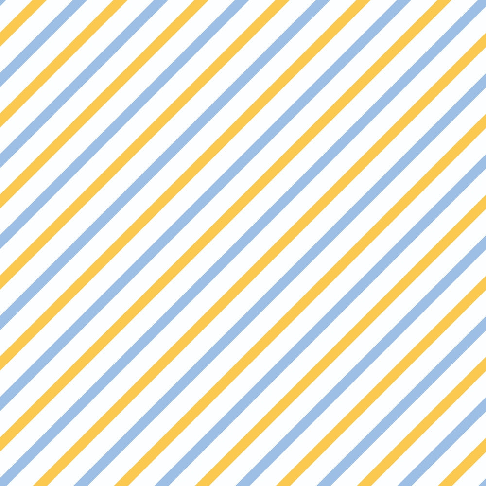 Diagonal stripes in blue, yellow, and white create a repeating pattern across the image.
