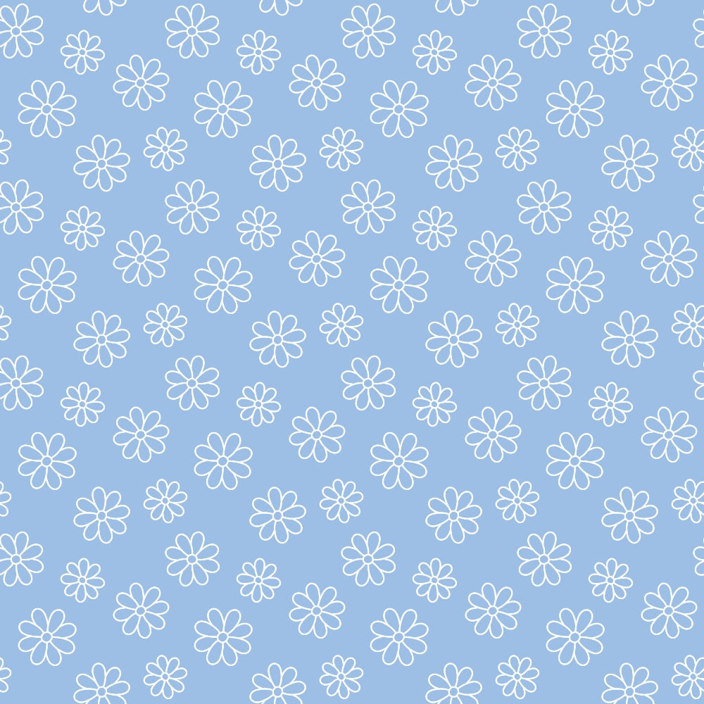 Pattern of white outlined flowers on a light blue background.