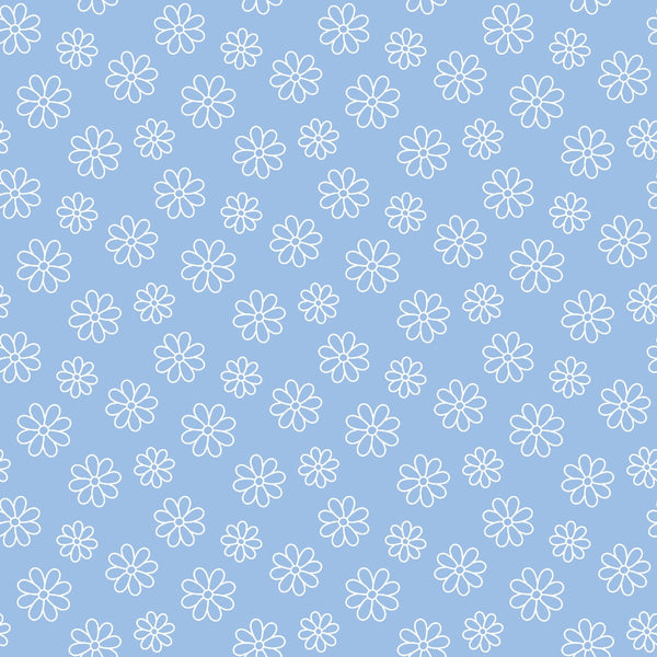 Pattern of white outlined flowers on a light blue background.