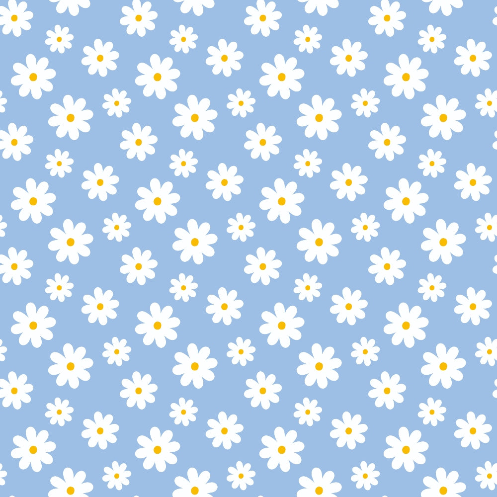 Pattern of white daisies with yellow centers on a light blue background.