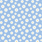 Pattern of white daisies with yellow centers on a light blue background.