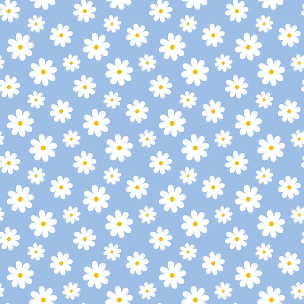 Pattern of white daisies with yellow centers on a light blue background.
