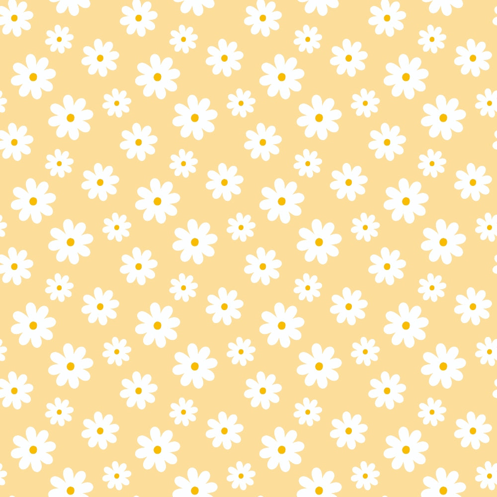 Pattern of white daisies on a pale yellow background.