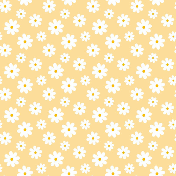 Pattern of white daisies on a pale yellow background.