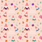 Seamless festive pattern with gnomes, gifts, candy canes, snowflakes, and Merry Christmas text on a pink background.