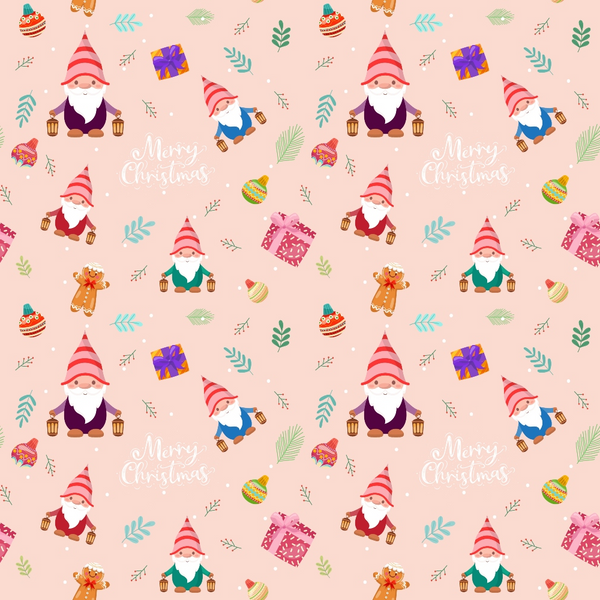 Seamless festive pattern with gnomes, gifts, candy canes, snowflakes, and Merry Christmas text on a pink background.