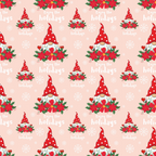 Repeating pattern of a gnome in a red hat, surrounded by poinsettias and holly, with the text Enjoy the holidays and snowflakes on a light pink background.