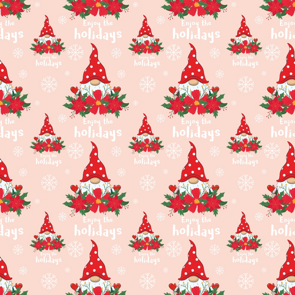 Repeating pattern of a gnome in a red hat, surrounded by poinsettias and holly, with the text Enjoy the holidays and snowflakes on a light pink background.